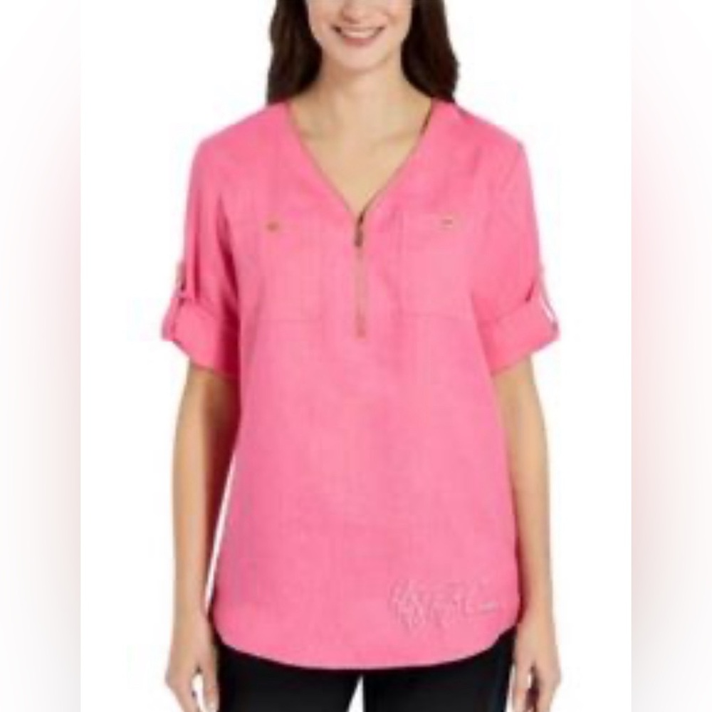 Ellen Tracy Pink Linen Blend Gold Zipper Top Size M